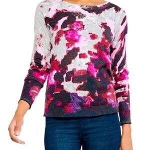 NIC+ZOE Pink Multi & Gray Abstract Crewneck Sweater